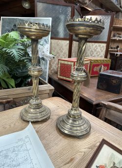Pair of brass twisted stem candlesticks