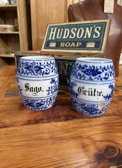Blue and white German kitchen storage canisters