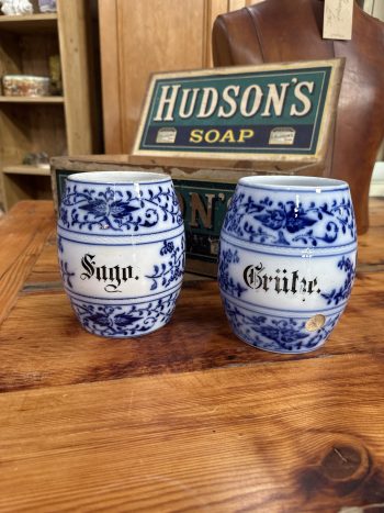 Blue and white German kitchen storage canisters